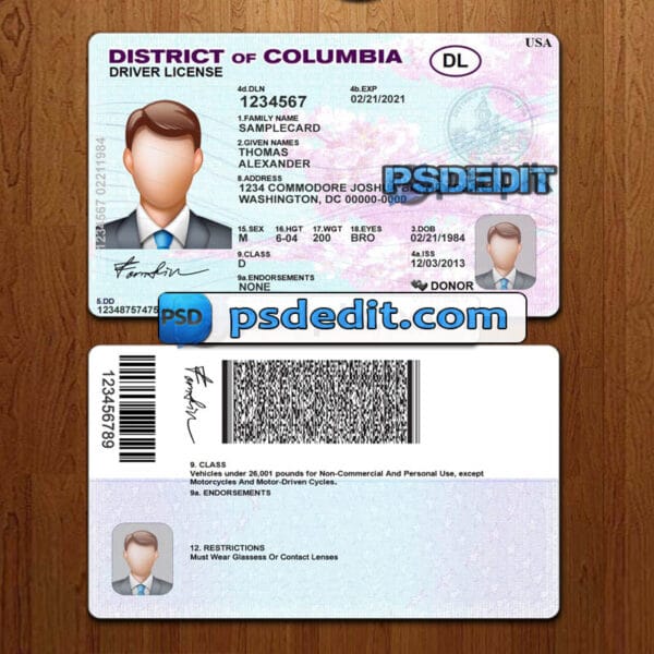 Editable District of Columbia drivers license template psd download