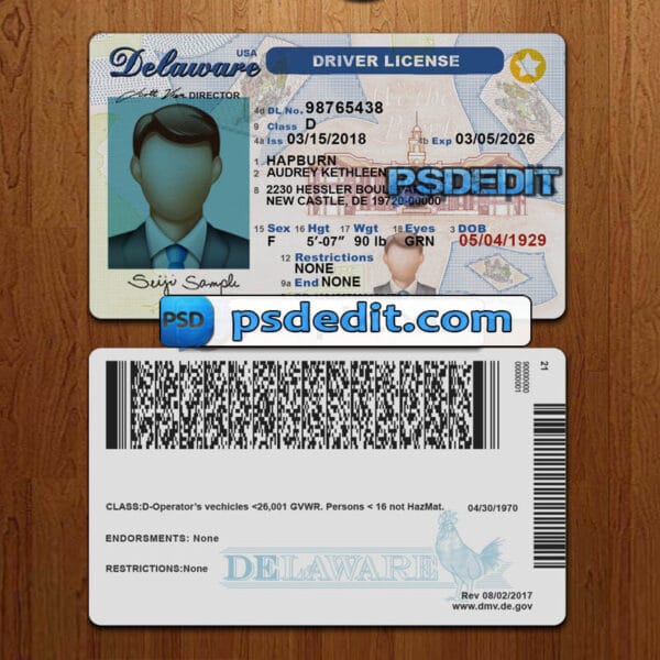 Editable Delaware drivers license template psd download