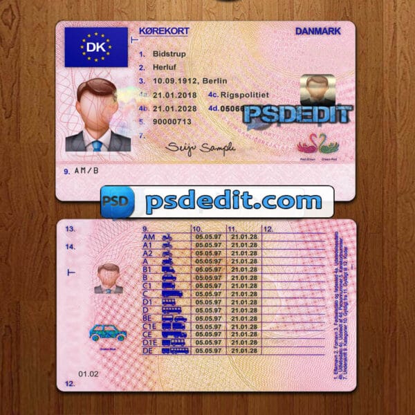 Editable Denmark drivers license template psd download