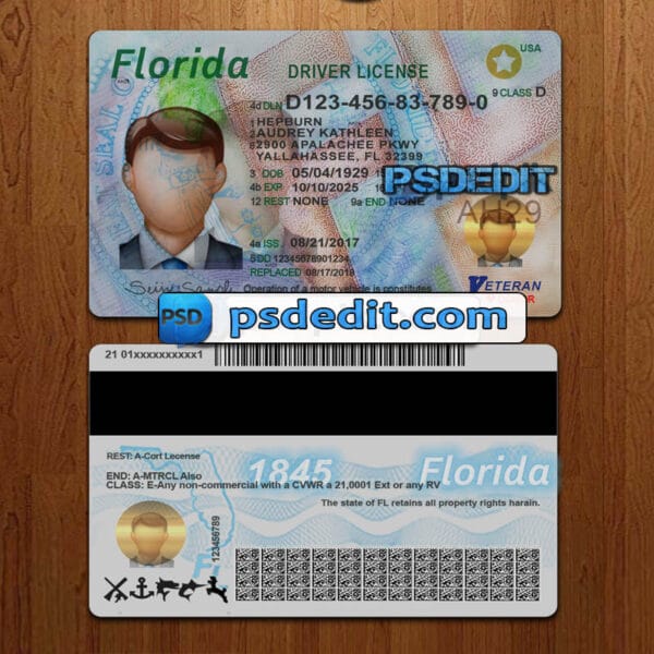 Editable Florida drivers license template psd download