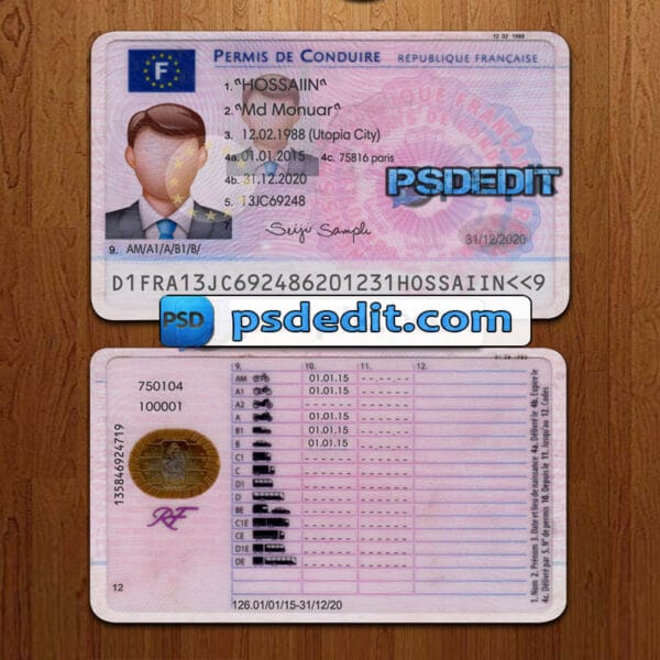 Editable France drivers license template psd download