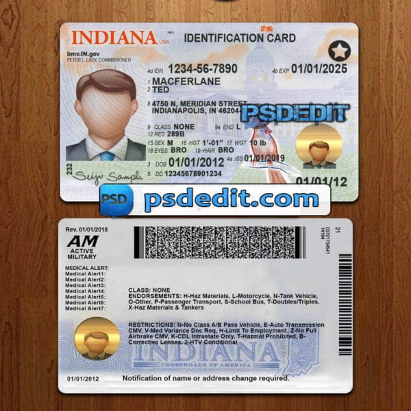 Editable Indiana drivers license template psd download New