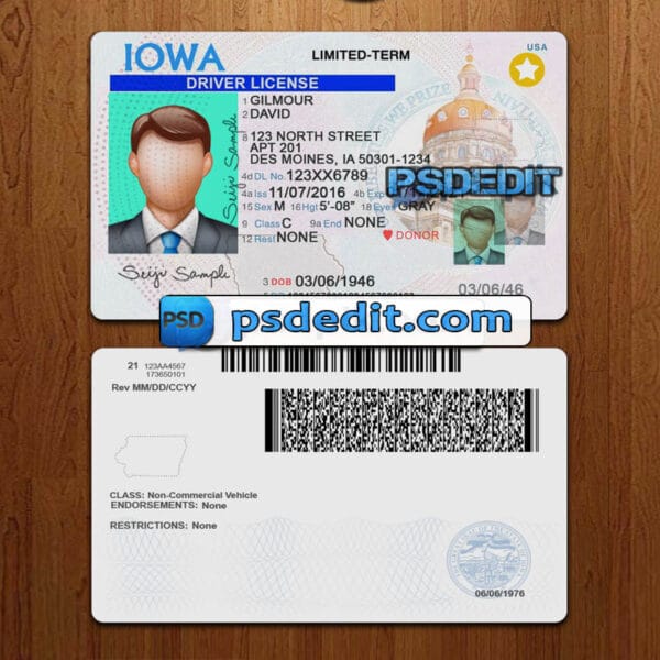 Editable Iowa drivers license template psd download