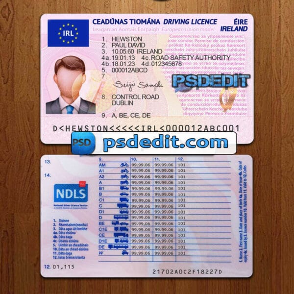 Editable Ireland drivers license template psd download