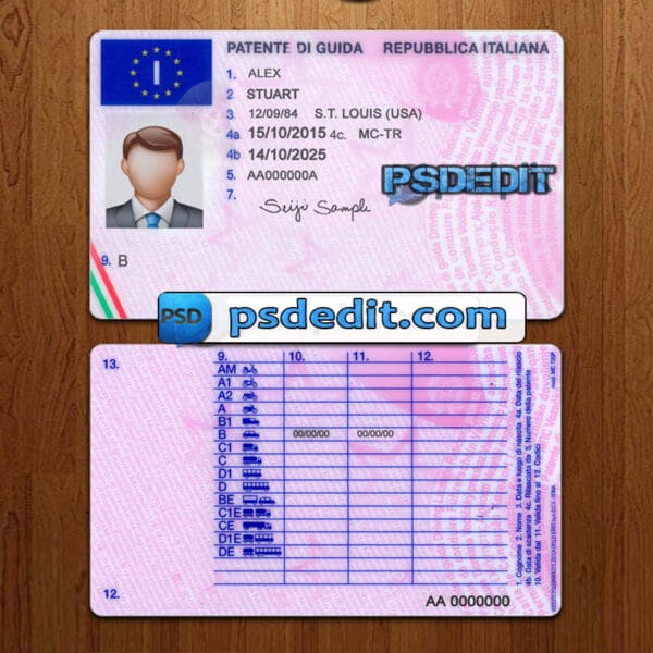 Editable Italy drivers license template psd download