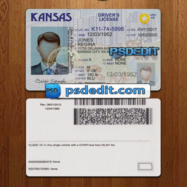 Editable Kansas drivers license template psd download