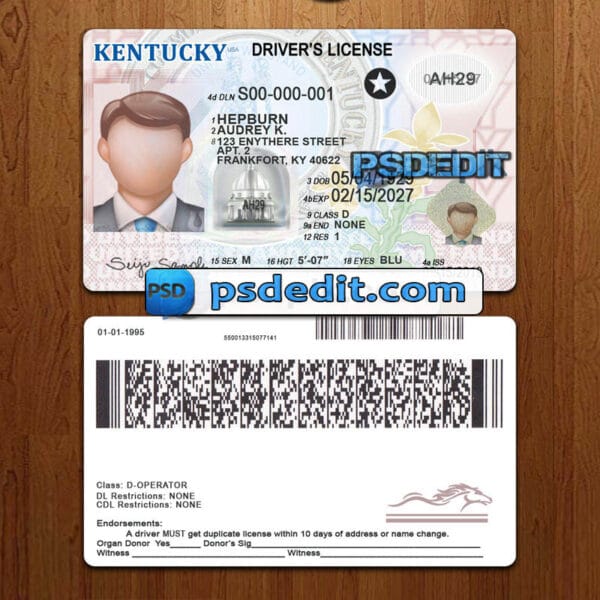 Editable Kentucky drivers license template psd download
