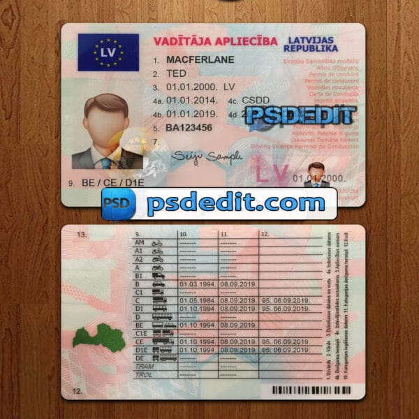 Editable Latvia drivers license template psd download