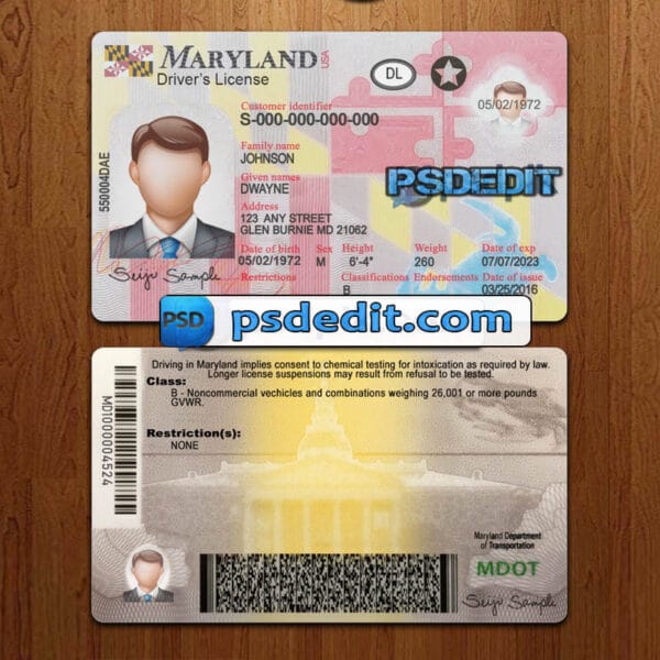 Editable Maryland drivers license template psd download