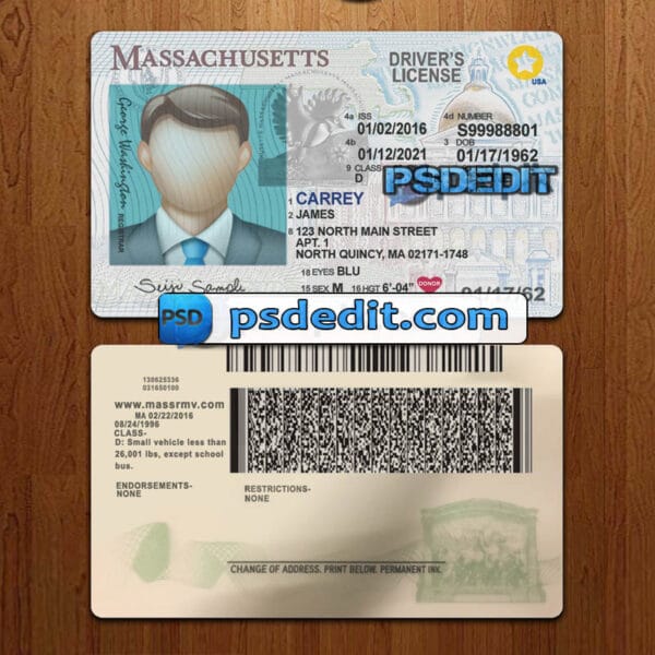 Editable Massachusetts drivers license template psd download