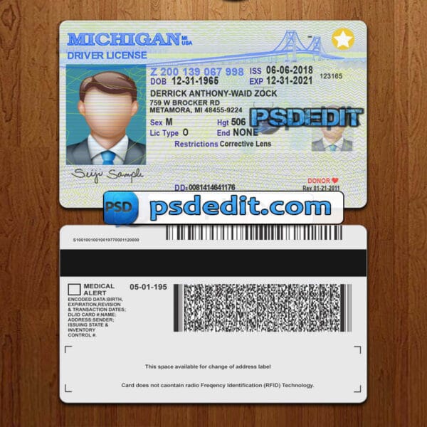 Editable Michigan drivers license template psd download