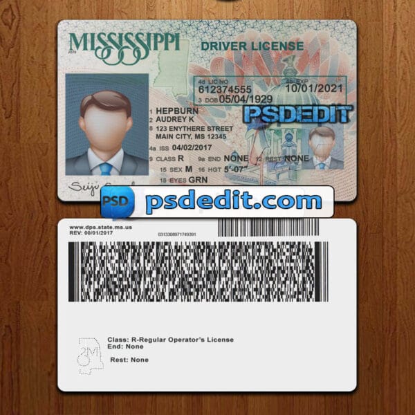 Editable Mississippi drivers license template psd download