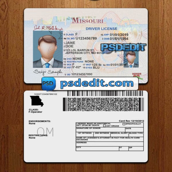 Editable Missouri drivers license template psd download