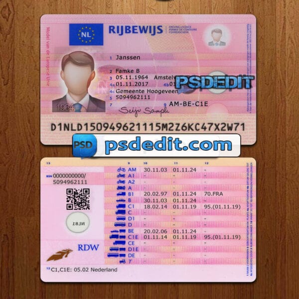 Editable Netherlands drivers license template psd download (V2)