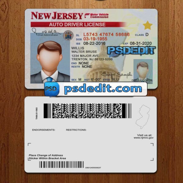 Editable New Jersey drivers license template psd download