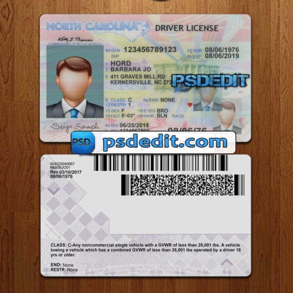 Editable North Carolina drivers license template psd download