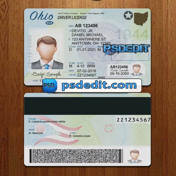 Editable Ohio drivers license template psd download