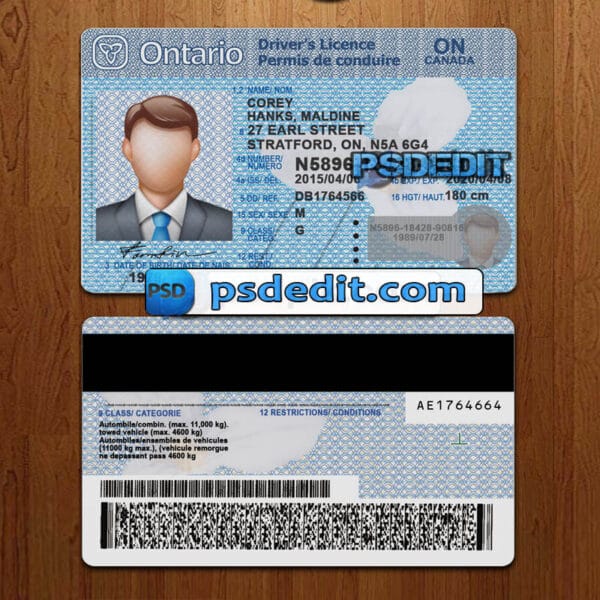 Editable Ontario drivers license template psd download