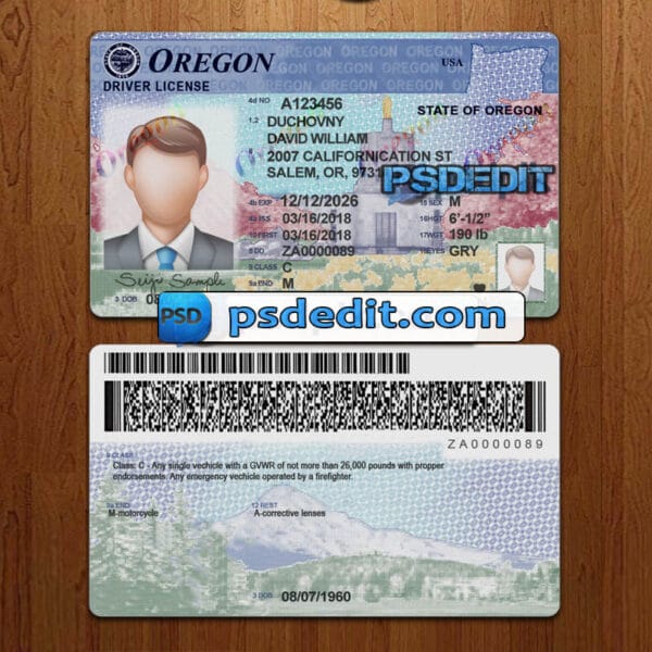 Editable Oregon drivers license template psd download