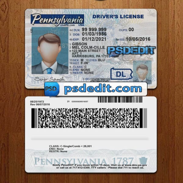 Editable Pennsylvania drivers license template psd download