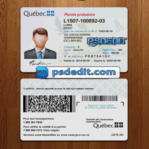 Editable Quebec drivers license template psd download
