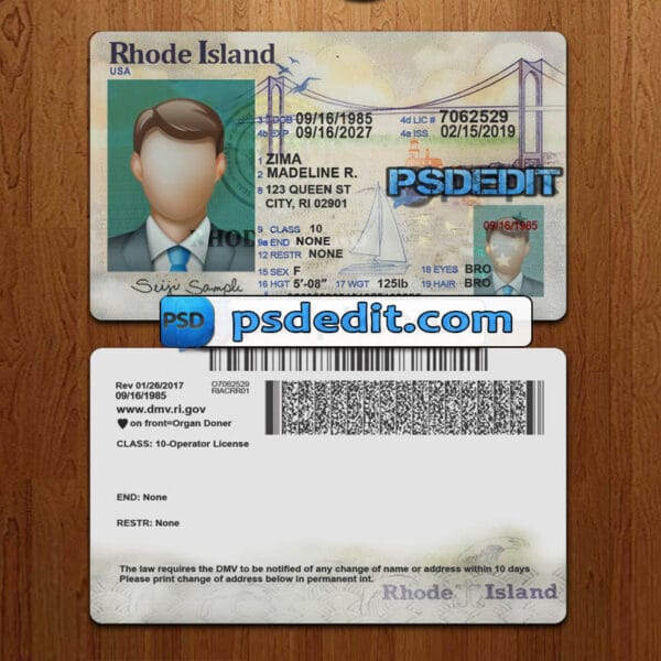 Editable Rhode Island drivers license template psd download