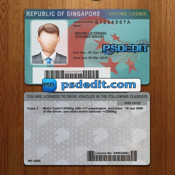 Editable Singapore drivers license template psd download