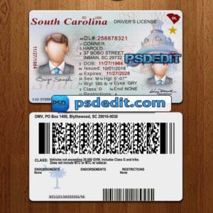Editable South Carolina drivers license template psd download (V1)