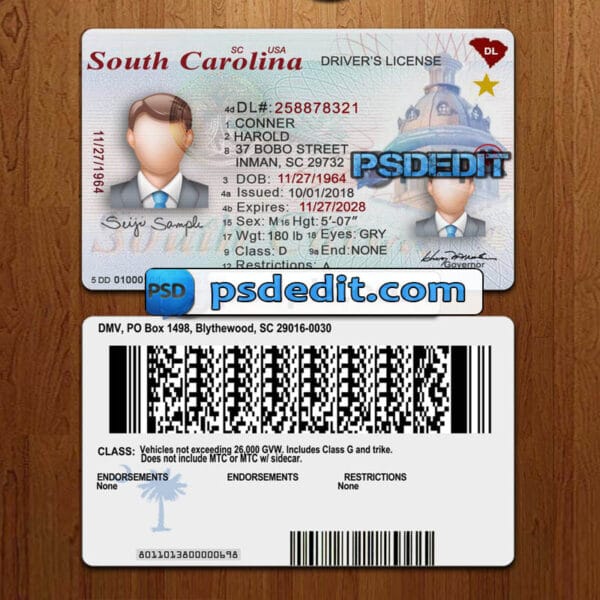 Editable South Carolina drivers license template psd download (V1)
