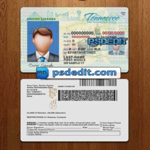 Editable Tennessee drivers license template psd download