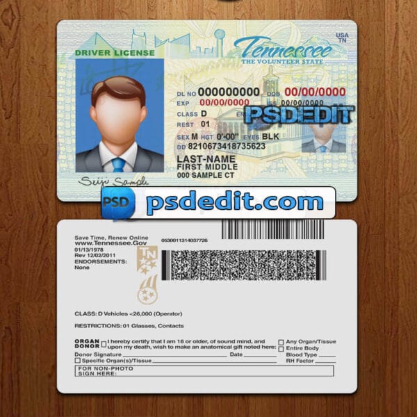 Editable Tennessee drivers license template psd download