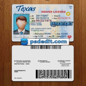 Editable texas drivers license template psd download
