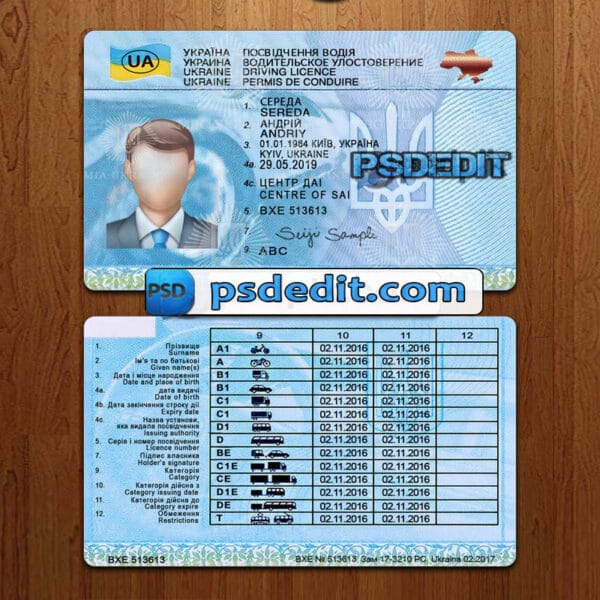 Editable Ukraine drivers license template psd download