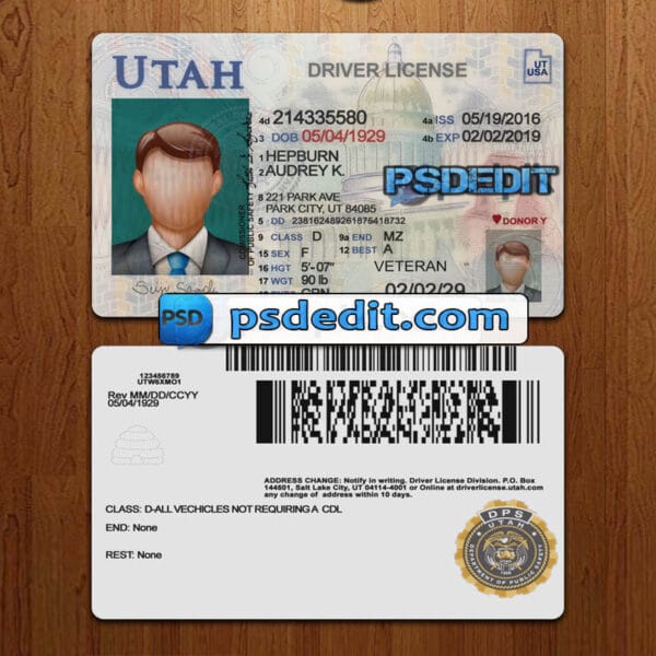 Editable Utah drivers license template psd download