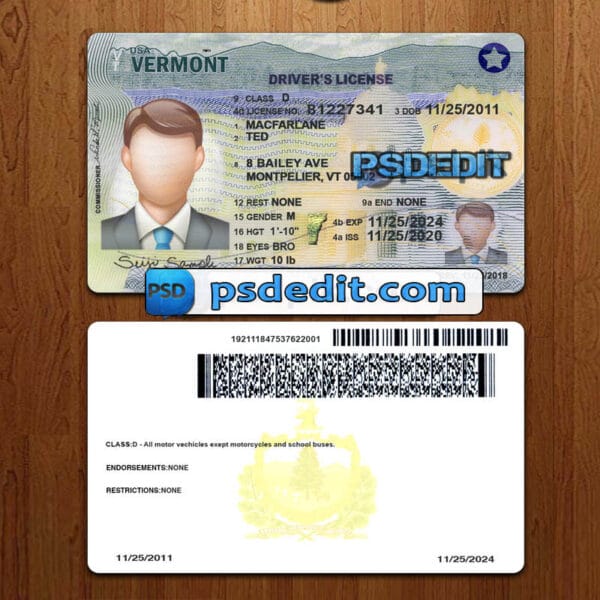 Editable Vermont drivers license template psd download