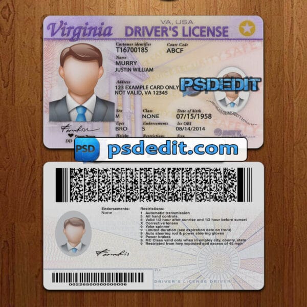 Editable Virginia drivers license template psd download