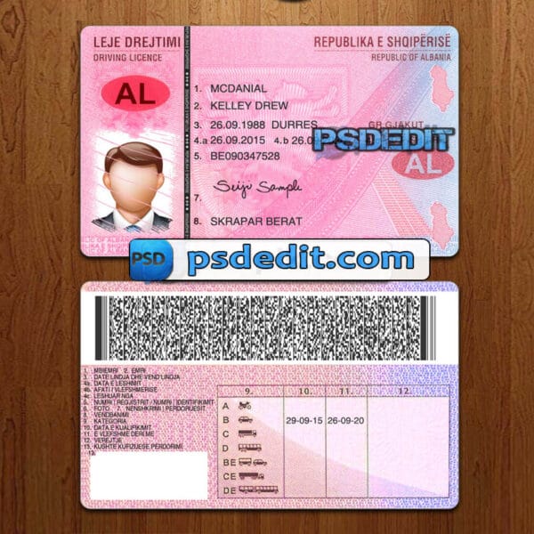 Editable Albania drivers license template psd download