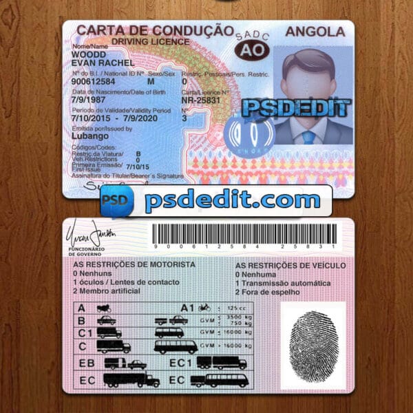Editable Angola drivers license template psd download