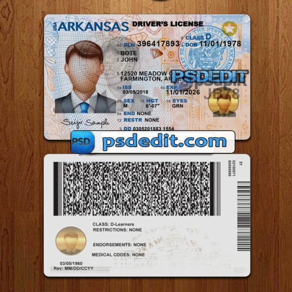 Editable Arkansas drivers license template psd download