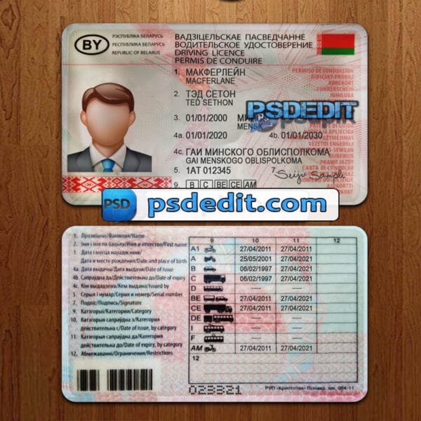 Editable Belarus drivers license template psd download